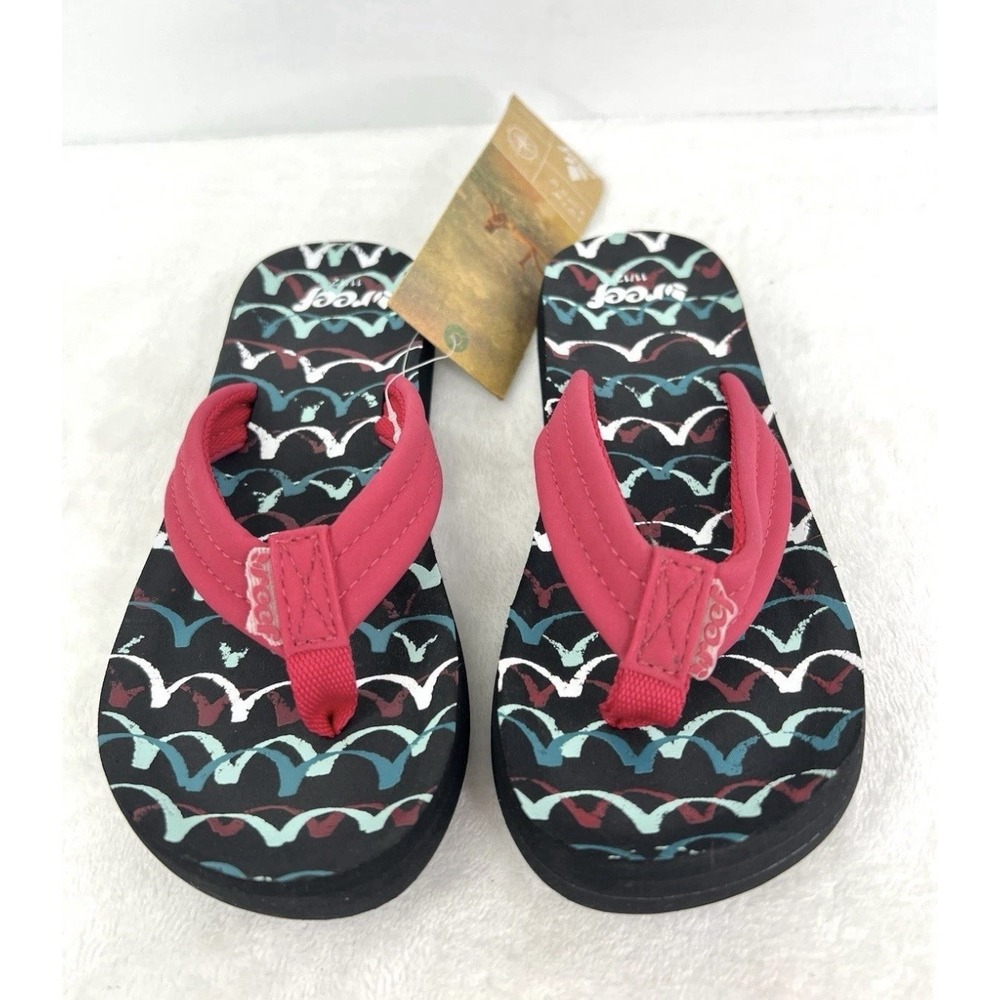 Reef Little AHI Flip Flops Pink Black Kids Girl 11 / 12 Flat Slip On Sandals NEW